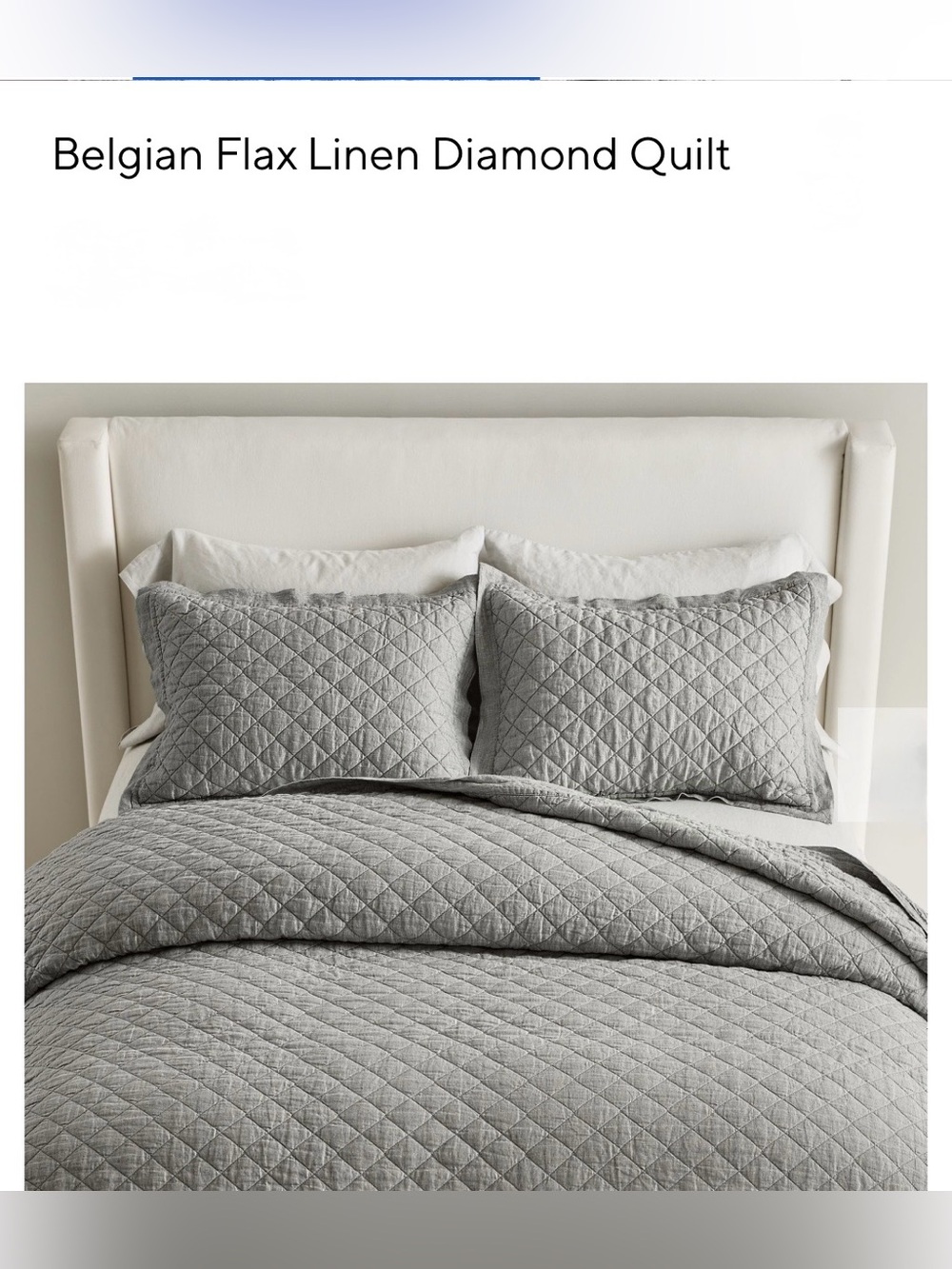 Pottery Barn Belgian Flax Linen Diamond Quilt Coverlet Queen Gray reversible
